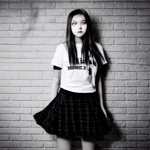 Image similar to female model teenage emo photography plaid skirt band shirt beautiful face, dramatic light darkroom