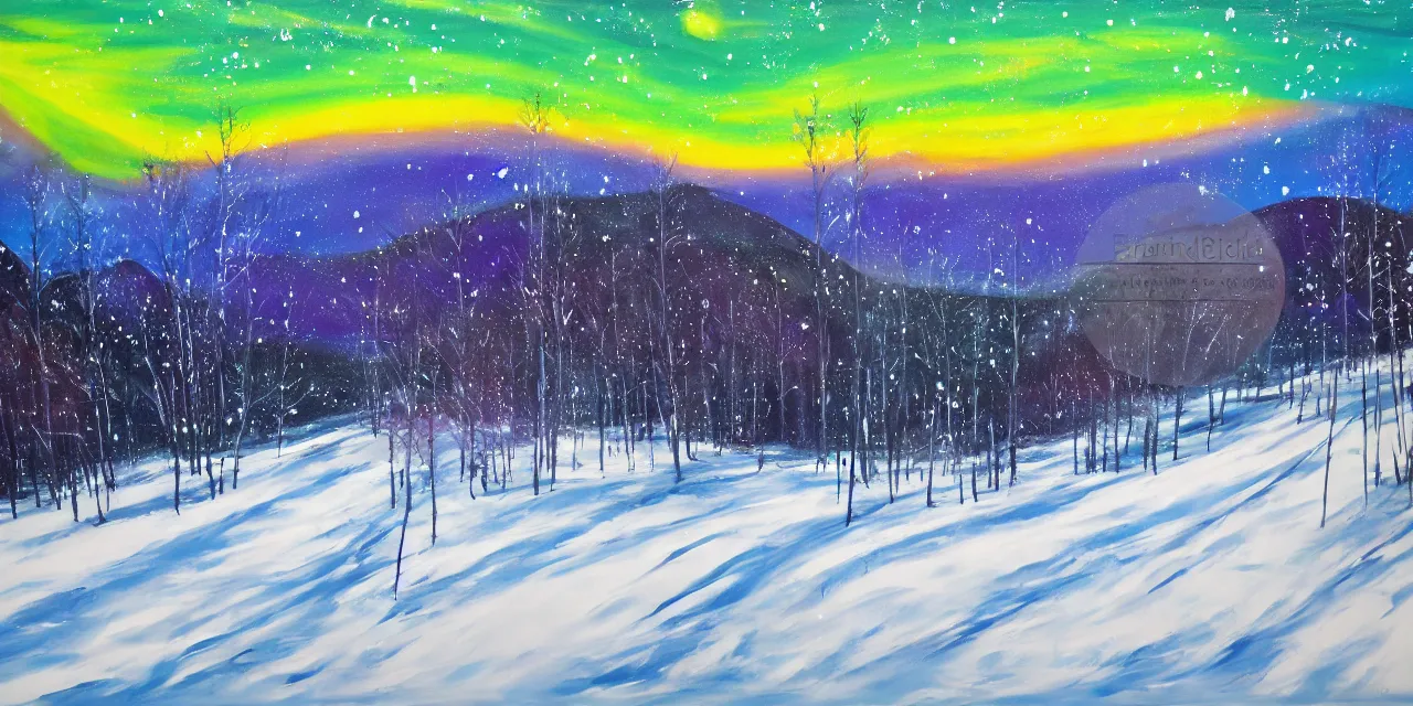 Prompt: acrylic pouring painting of the laurentian appalachian mountains in winter, unique, original and creative landscape, snowy night, distant town lights, aurora borealis, deers and ravens, footsteps in the snow, brilliant composition