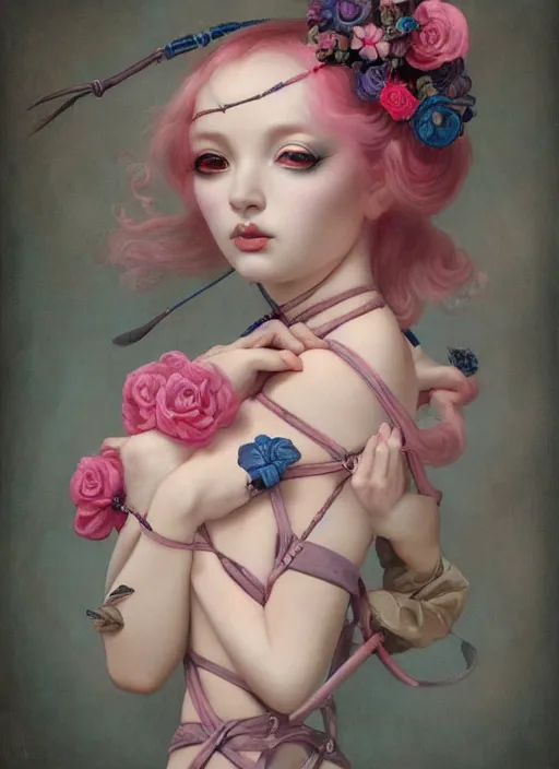 Prompt: pop surrealism, lowbrow art, realistic seductive cute woman profile figure painting, pink body harness, japanese shibari with blue flowers, hyper realism, muted colours, rococo, natalie shau, loreta lux, tom bagshaw, mark ryden, trevor brown style,