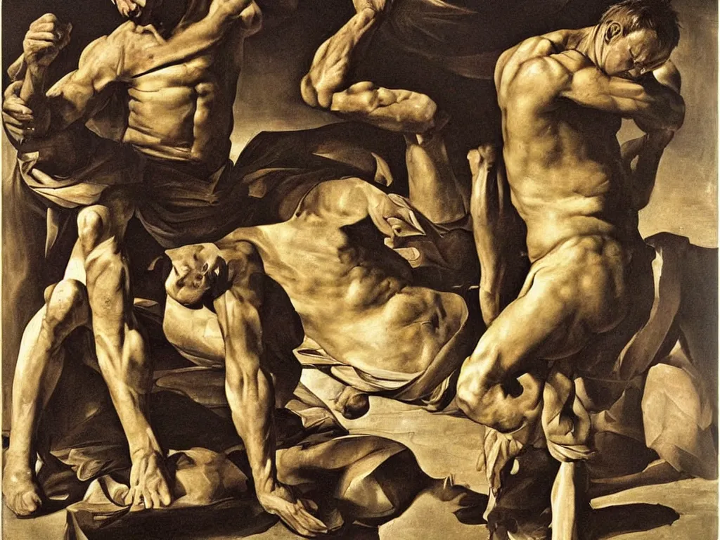 Image similar to Calvin, The tired, sweaty, muscular worker of the golden arches. Painting by Caravaggio, Sebastiao Salgado