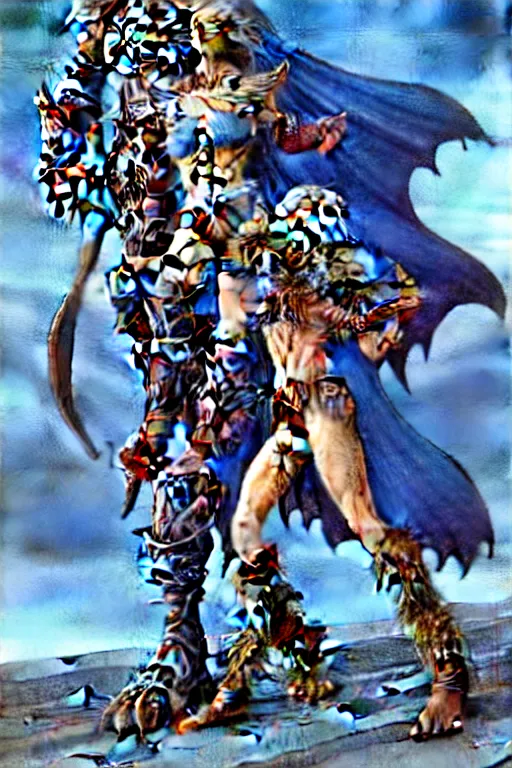 Image similar to a small blue-skinned triton girl wearing scale armor riding on a the shoulders of a large male goliath wearing fur and leather armor, dnd concept art, painting by Clyde Caldwell