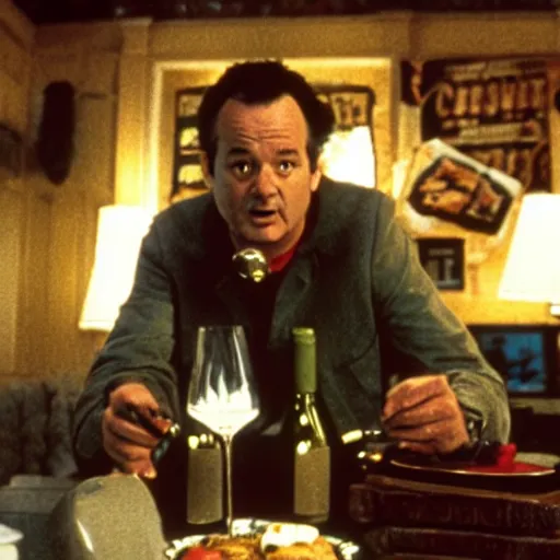 Image similar to film still of bill murray as Peter venkman, setting out a cheese and wine platter