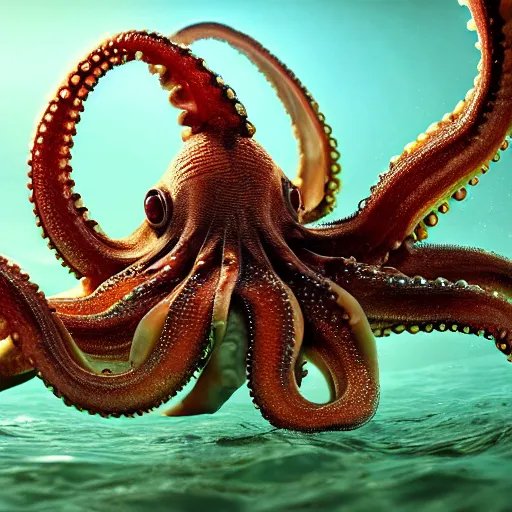 Image similar to A octopus in the ocean centered-photograph film still, dynamic action pose, National Geographic, insane detail, intricate, highly detailed, Zeiss Lens, DSLR photography, smooth, sharp focus, Unreal Engine 5, Octane Render, Redshift, depth of field 8K