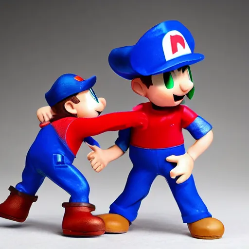 Prompt: italian plumber wearing a red hat and shirt, blue jumpsuit fighting a dinosaur.