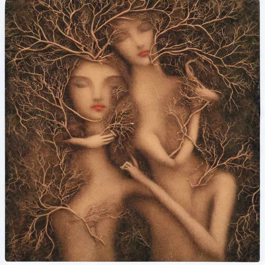 Prompt: medium shot polaroid instax portrait of a beautiful female jointed handmade wooden art doll, made of wood!!!!!, hair with twigs and branches, holding each other, oak trees, oak leaves!!, acorns, dendritic, painting by agostino arrivabene, by fernand khnopff, surreal, detailed
