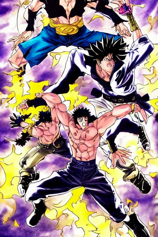 Image similar to manga cover of two characters fighting as a shounen jump cover, jojo's bizarre adventure, jotaro vs dio, art by hirohiko araki, japanese comic book, art by keisuke itagaki, modern fashion outfit, dynamic poses, action poses, muscular characters, watercolor