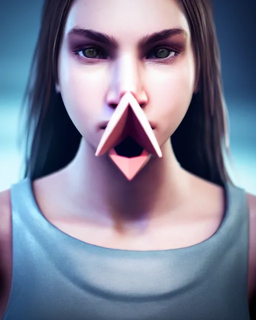 Image similar to realistic concept of a young female game character with big equilateral triangle in place of a mouth, detailed portrait, bokeh. 8k, sharp high quality photo