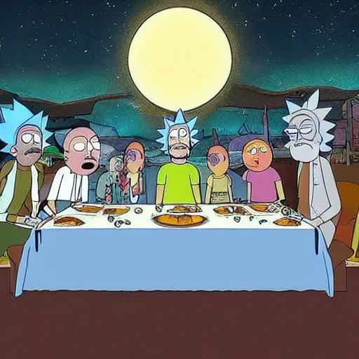Prompt: rick and morty at the last supper, drawn by da vinci