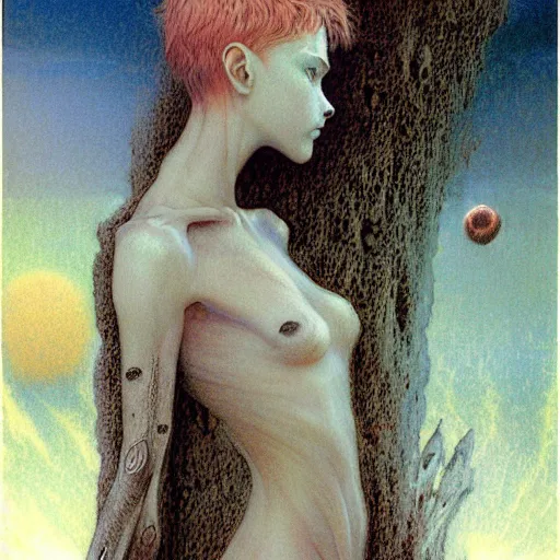 Prompt: cute young vampire tomboy girl with short short short dark hairs on lovecraftian planet by jean delville by luis royo and wayne barlowe, beksinski