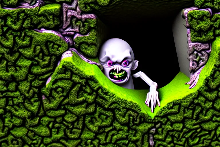 Image similar to a cursed image of a creature infested crevice, evil, staring at you, damnation, liminal, garden