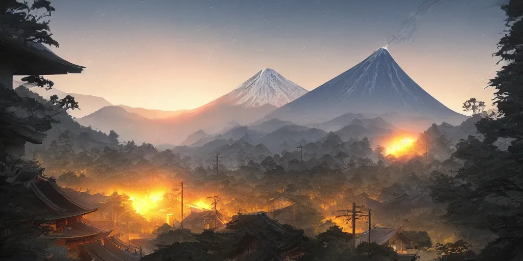 Prompt: a powerful japanese village high in mountains, blue beam of light from open sky, calm morning, fanart artstation global illumination rtx hdr fanart arstation 3 d, volcano, concept art by greg rutkowski and laurie greasley, forest, fantastic landscape, 8 k, cinematic color grading