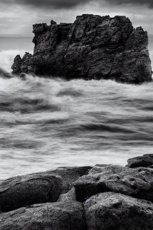 Image similar to a stormy sea shore with brutalist giant rocks, grey tones, 8k resolution, dramatic sky, 3D, depth of field