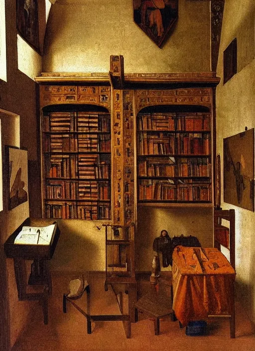 Image similar to bookshelves and drawing materials, paints, brushes, medieval painting by jan van eyck, johannes vermeer, florence