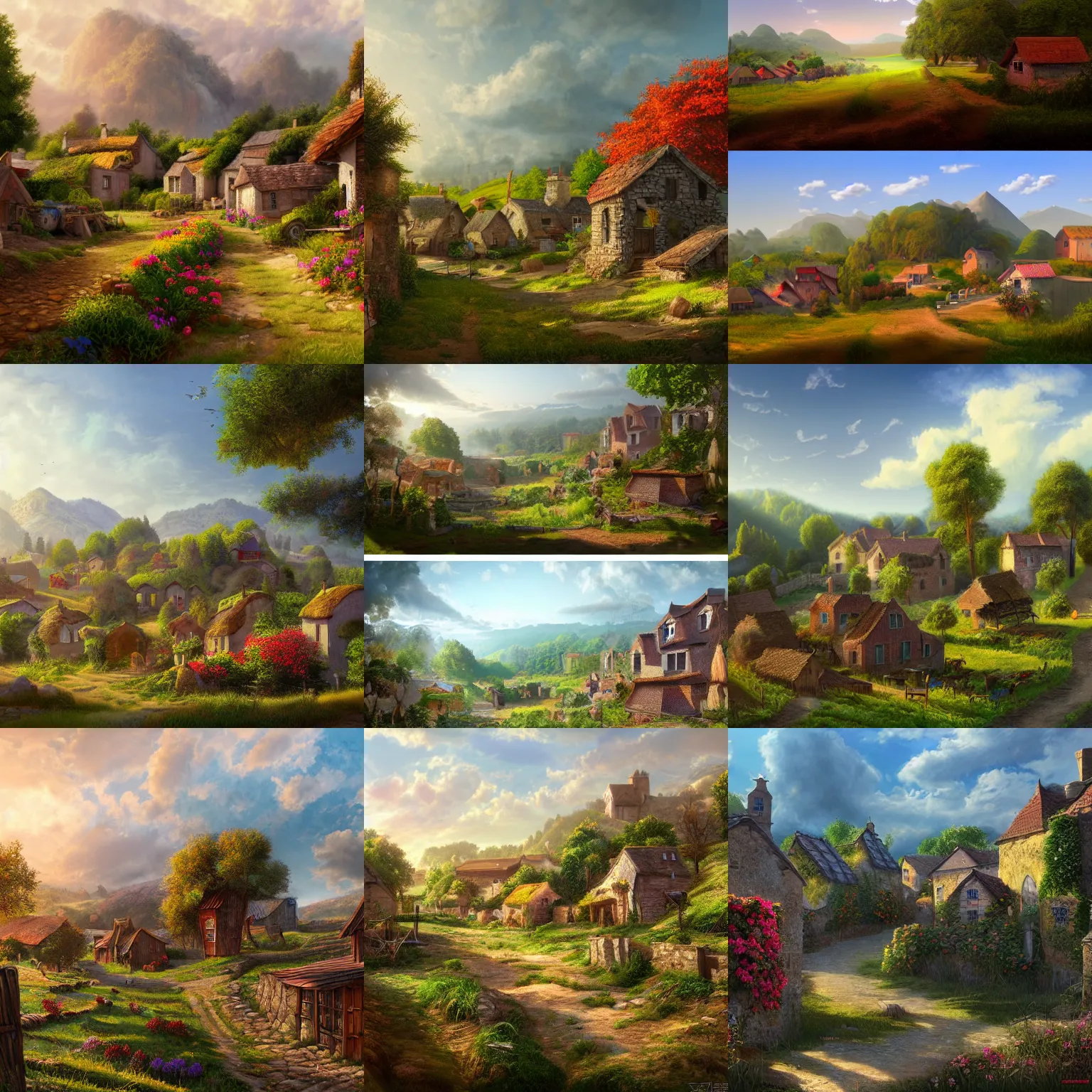 Prompt: matte painting of a countryside landscape of a village. vibrant, sunny, elaborate, detailed digital art trending in artstation