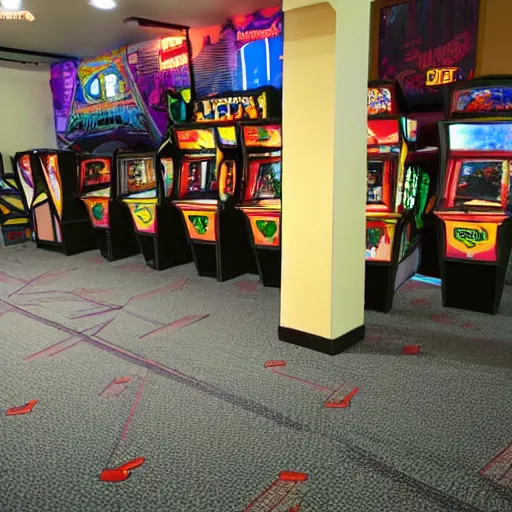 Image similar to an empty arcade with only one arcade game left, and a door to the left with an exit sign above it, the carpet is brown