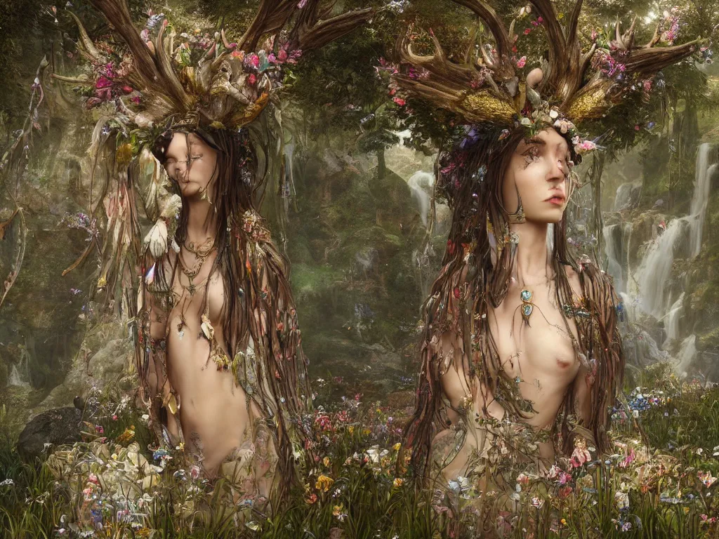 Prompt: a beautiful divine tribal high priestess with feathers and crystals in a lush field of flowers, highly detailed medieval temple with waterfall and deer water nymphs behind her, wide painting by greg rutkowski and hr giger, zbrush, trending on artstation