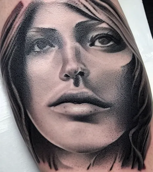 Image similar to tattoo design sketch of a beautiful woman face with a mountain scenery on her side, hyper - realistic, double exposure, in the style of matteo pasqualin, amazing detail, black and white, faded