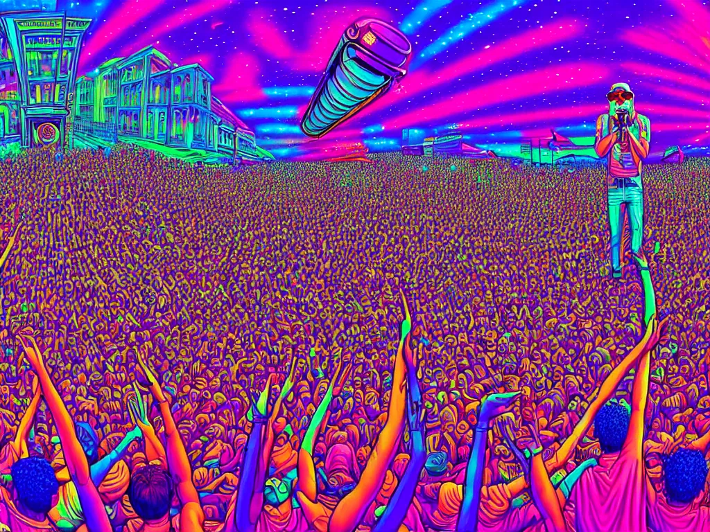 Prompt: rapping on stage at festival, holding microphone, giant crowd, epic angle, happy, psychedelic, hip hop, surreal, neon, vaporwave, detailed, illustrated by Alex Grey, 4k