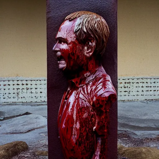 Prompt: carved sculpture of putin, stained with blood, photo as shot by steve mccurry