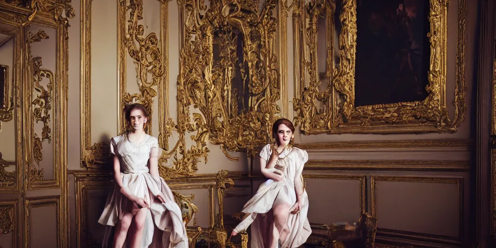 Image similar to Emma Watson portrait baroque room canon 5d mk4