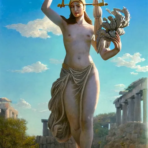 Image similar to full-body view of beatiful young greek godess in steel helmet standing on a giant Zeus head, greek temple of olympus glory island little wood bridge painting of tower ivy plant in marble late afternoon light, wispy clouds in a blue sky, by frank lloyd wright and greg rutkowski and ruan jia