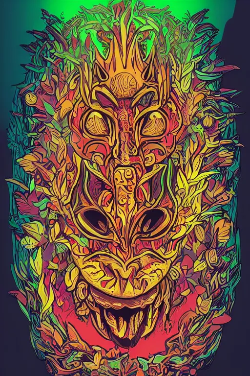 Image similar to animal mask totem roots flower tribal feather gemstone plant wood rock shaman vodoo video game vector cutout illustration vivid multicolor borderlands comics by josan gonzales and dan mumford radiating a glowing aura