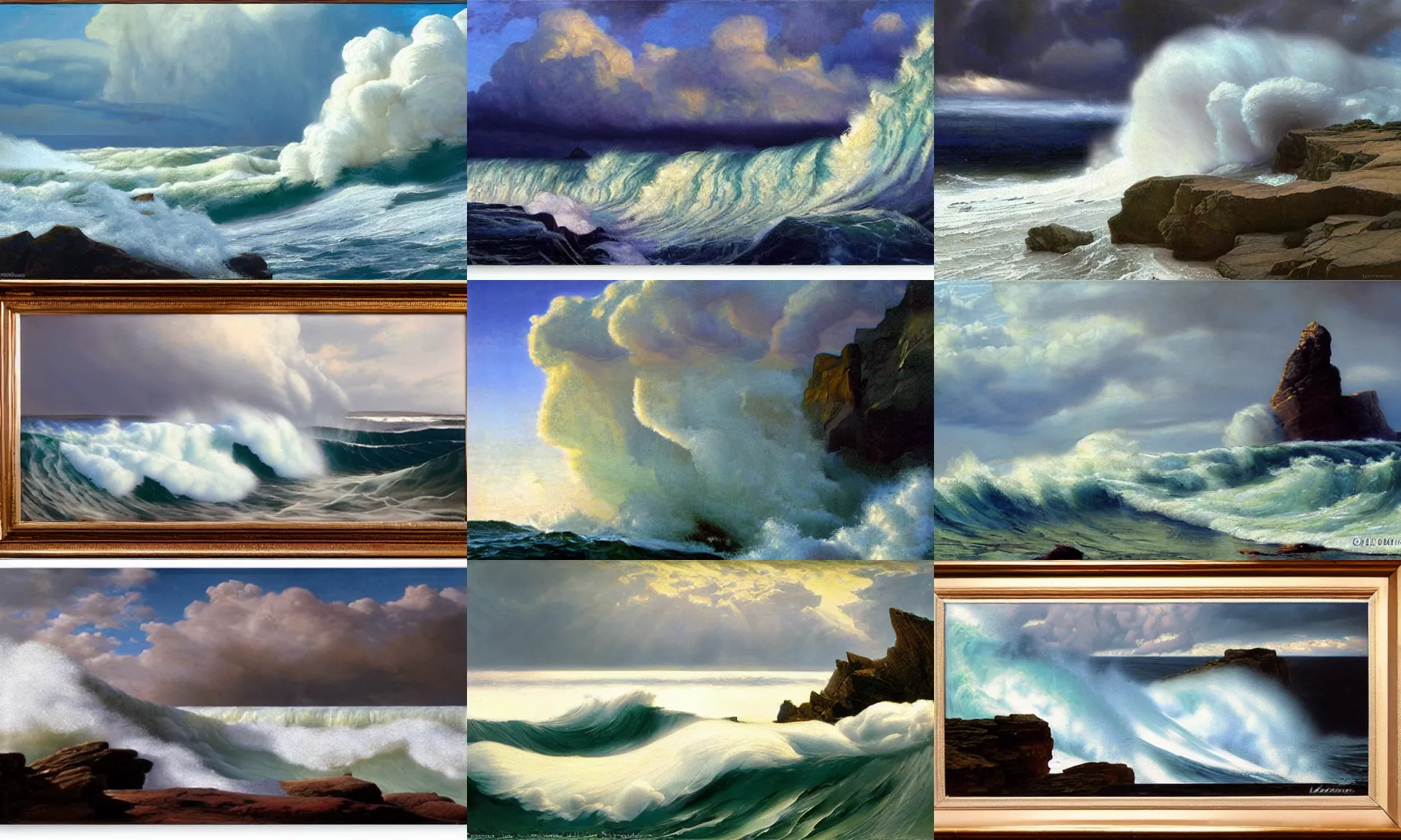 Prompt: big wave and foam, cliffs, stormy sky, cumulonimbus, realism, seascape artwork by frederick judd waugh and Russ Kramer and christopher blossom