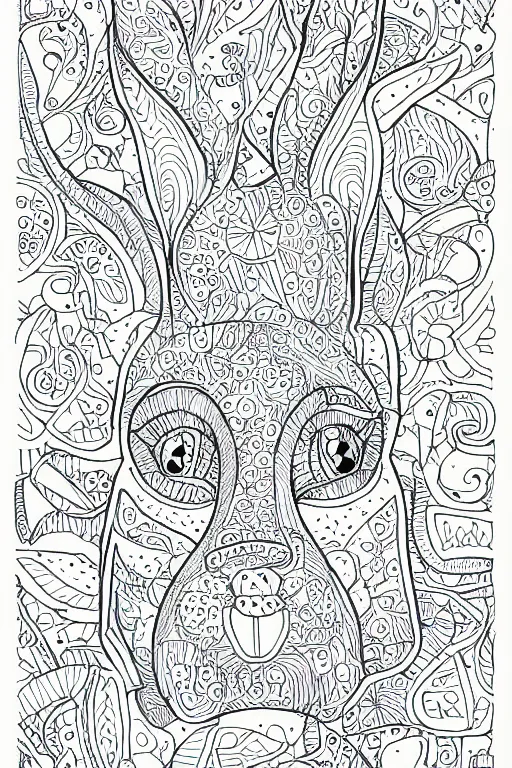 Image similar to bunny head, ornaments, closed shapes, outlines, ink drawing, line art colouring page