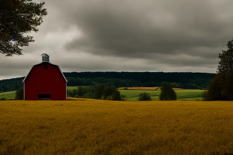 Prompt: Sprawling landscape with a red barn in the hilly countryside, bocages, sparse trees, cloudy skies, ARRI ALEXA Mini LF, ARRI Signature Prime 40 mm T 1.8 Lens, 4K film still by Sam Mendes, Roger Deakins,