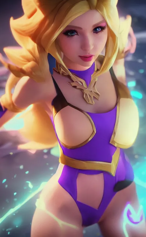 Image similar to still of pretty Lux (League of Legends) in KDA More music video. 3d render, octane render, game art, realistic, highly detailed, trending on artstation, 4k, trending on artstation, pixar, cgsociety, unreal engine 5, redshift render, trending on artstation, blender, behance, cg