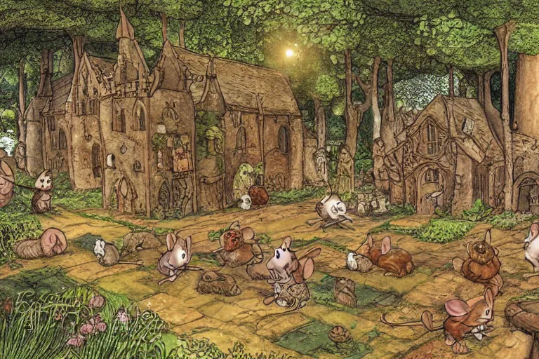 Image similar to an elaborate and dense scene from redwall abbey in mossflower wood with lots of medieval anthropomorphic mice and rabbits and otters, detailed by brian jacques and greg rutowski