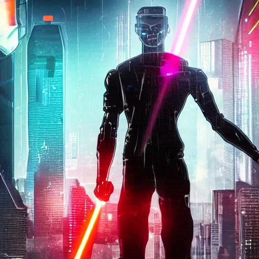 Image similar to cyberpunk man that is half a robot in half a human flesh his left eye is a red glowy eyes it's made of metal the man is holding a laser gun standing on a mountain the background is is a cyberpunk city the weather is raining