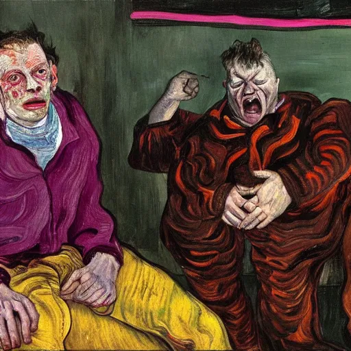 Image similar to high quality high detail painting of a man in agony by lucian freud and jenny saville and francis bacon and vincent van gogh, hd, anxiety, seated with friend in a living room crying and screaming, turquoise and purple and orange and pink, dark atmosphere