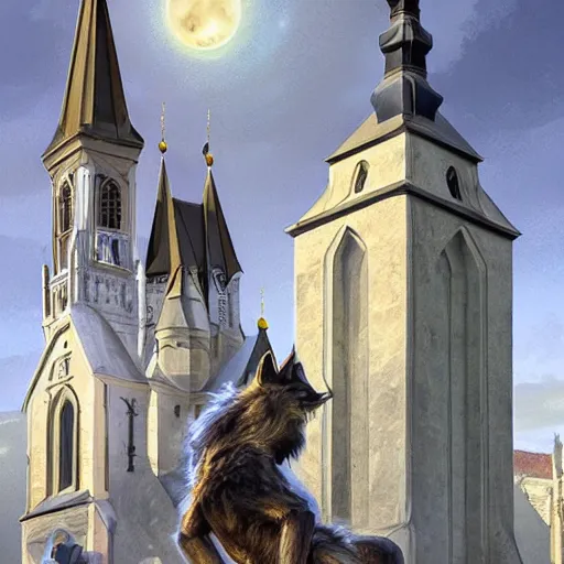 Image similar to werewolf sitting on church of sts. olha and elizabeth lviv, portrait, highly detailed, full body, digital painting, trending on artstation, concept art, sharp focus, illustration, art by artgerm and greg rutkowski and magali villeneuve