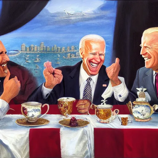 Image similar to a photorealistic oil painting of joe biden laugh in tea party with osama bin laden, justify content center, hyper realistic content, frontal hyperdetailed realistic content, sharp focus, intricate, baroque, delete duplicate content