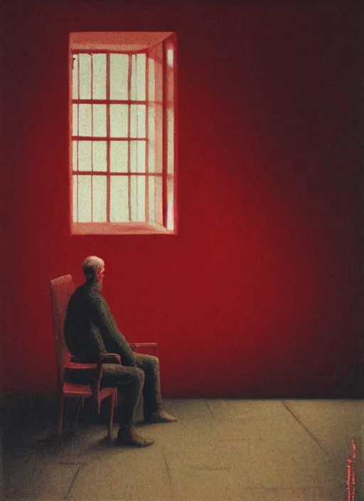 Image similar to beksinski style older man sitting on a chair in dark basement with red walls and one window