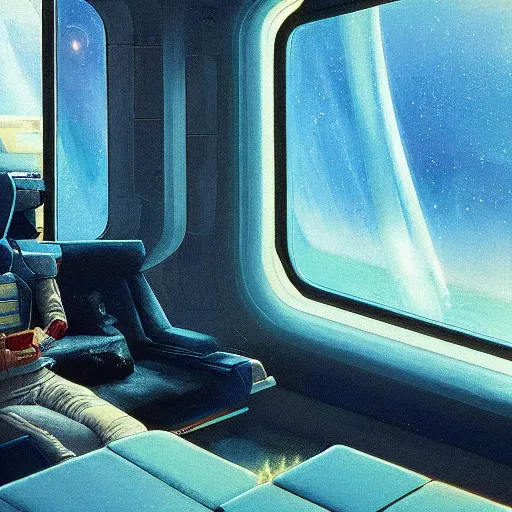 Image similar to Cozy interior of a spaceship, teal lighting, cozy lighting, space seen outside from a window, by Syd Mead, John Harris, Federico Pelat