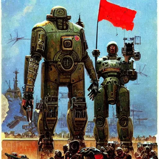 Prompt: Soviet mechs in the style of Norman Rockwell, sci-fi illustrations, highly detailed, award-winning, patriotic, soviet, ussr, dark, gritty, ink