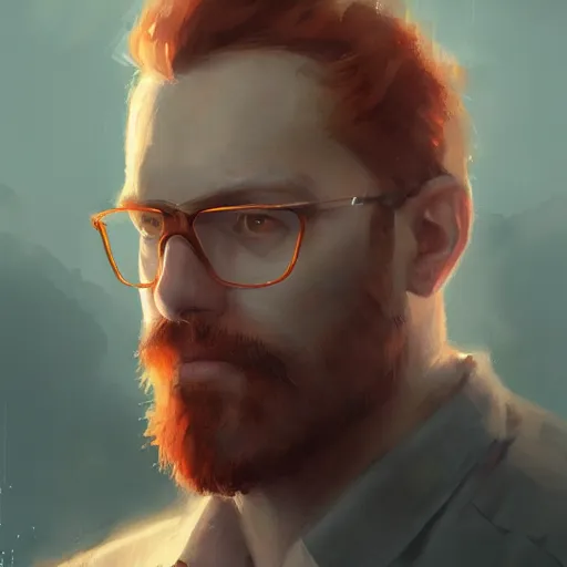 Prompt: A portrait of man with ginger hair, short beard, glasses, art by greg rutkowski, matte painting, trending on artstation