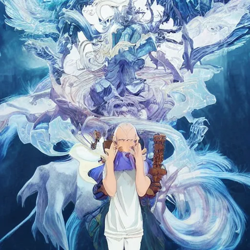 Image similar to god covered in bleach, with rhinestone eyes, covered in paralytic dreams, future pixels, illustration trending on artstation, anime. by hayao miyazaki and rossdraws and artgerm and greg rutkowski and alphonse mucha and studio ghibli and ilya kuvshinov. high quality, stunning, intricate detailed environment. 8 k