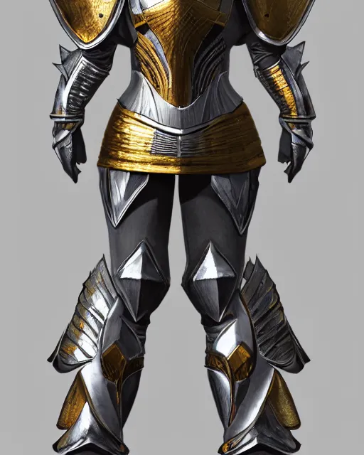 Prompt: awesome armor, fantasy concept art, trending on artstation, shiny silver with gold trim, symmetrical, flat shading, smooth lines and contours, clean, front view, extremely high-quality, awesome, incredible, creative, the best