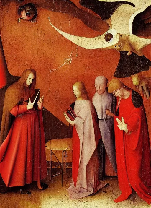 Prompt: fallen angels dressed in red reading the bible and arguing in Tuscany by Jan van Eyck, Hieronymus Bosch, 4k post-processing, highly detailed medieval painting