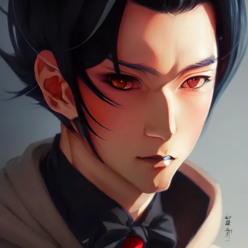 Image similar to anime portrait of a slick black hair guy with red eyes and fox ears by stanley artgerm lau, wlop, rossdraws, james jean, andrei riabovitchev, marc simonetti, and sakimichan, trending on artstation