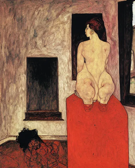 Image similar to expressionist and symbolic painting of an old dead couple sitting in a living room in an old apartment and a man is looking through a window from the outside,  Beksinski impasto painting, part by Egon Schiele and Gerhard Richter oil painting. art by Francisco Goya and Takato Yamamoto,  Francis Bacon masterpiece