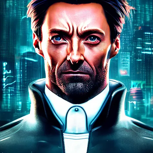 Prompt: hugh jackman portrait, cyberpunk 2 0 7 7, cyberpsycho, photorealistic, ultra detailed, neon, octane rendered, bokeh, cinematic lighting, cyber, cyberpunk city, studio quality, feature, scars, cyberface, 8 k