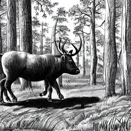 Prompt: an aurochs walking though a forest. illustration. nature illustration. textbook illustration.