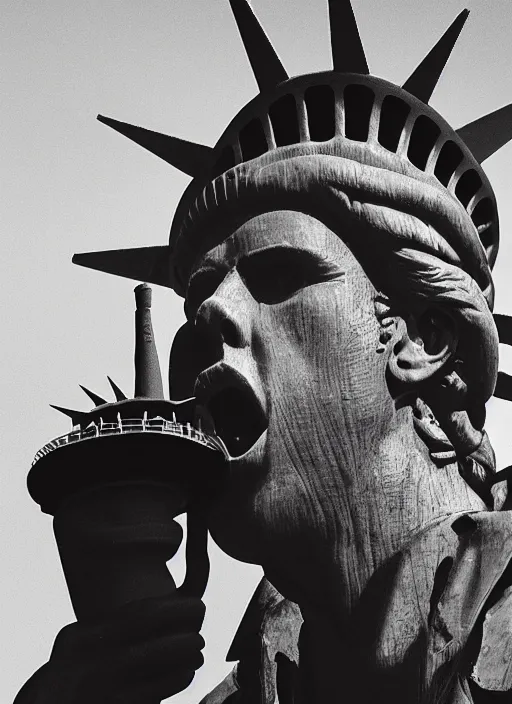 Prompt: Tom Waits eating Statue of Liberty, color photograph portrait 4k