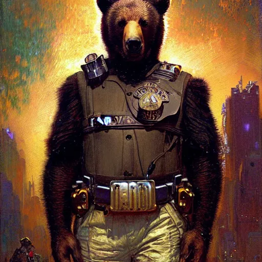 Image similar to portrait of a bear bearman in a police uniform. shadowrun furaffiniy cyberpunk fantasy highly detailed painting by gaston bussiere craig mullins jc leyendecker gustav klimt artgerm greg rutkowski john berkey, bergey, craig mullins, ruan jia, raymond swanland, jeremy mann, tom lovell, alex malveda