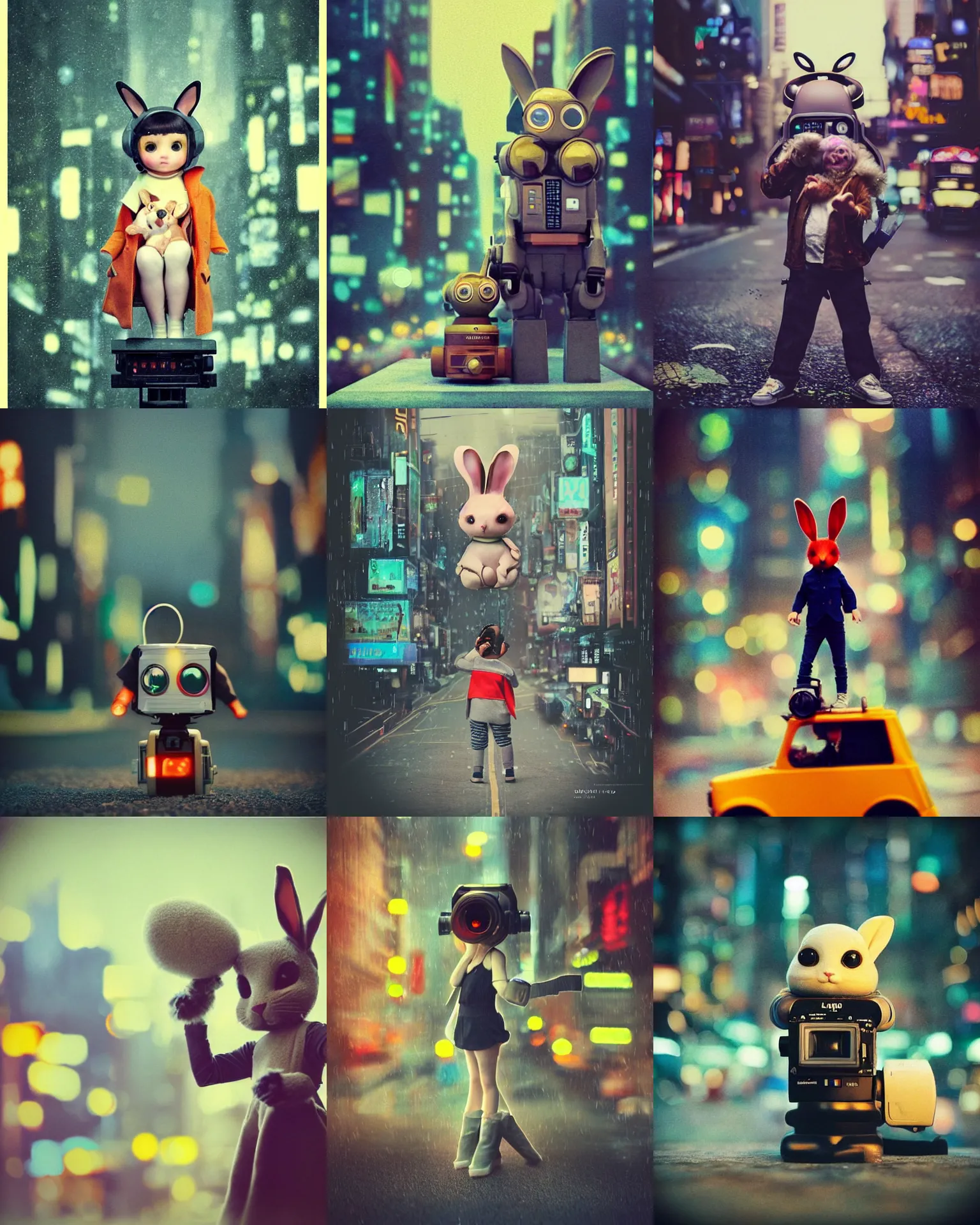 Prompt: telephoto isometric 400mm lens !!epic pose!!! giant oversized battle rabbit big eyes robot chubby mech baby sport vehicle double decker with giant oversized ears and cute rabbit babies , in bladerunner city , full body , Cinematic focus, Polaroid photo, vintage , soft lights, neutral dull colors, city lights bokeh , by oleg oprisco , by national archives, by discovery channel, by victor enrich , by gregory crewdson