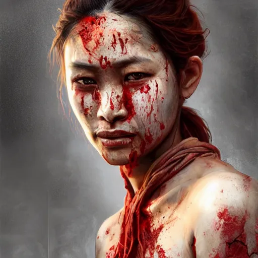 Image similar to portrait painting of a bloodied nepali female butcher, ultra realistic, concept art, intricate details, eerie, highly detailed, photorealistic, octane render, 8 k, unreal engine. art by artgerm and greg rutkowski and alphonse mucha